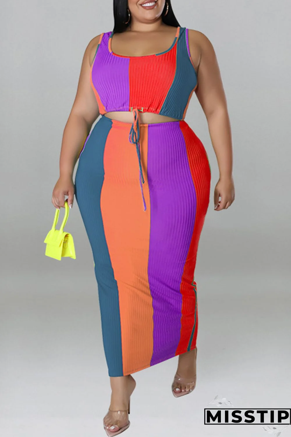 Blue Fashion Casual Striped Print Patchwork Contrast U Neck Plus Size Two Piece Set