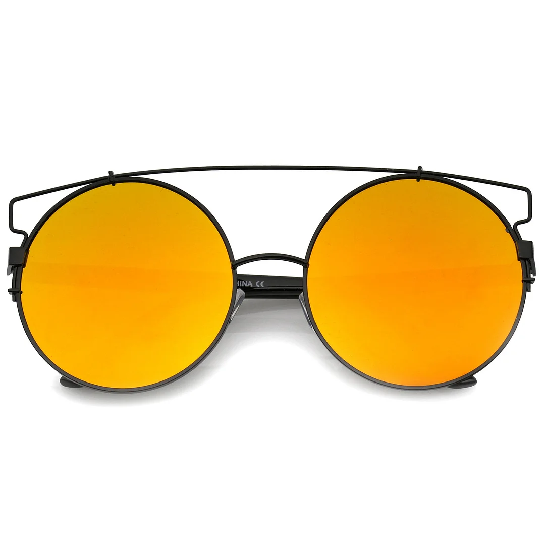 Oversize Metal Frame Horn Rimmed Crossbar Mirror Flat Lens Round glasses 62mm