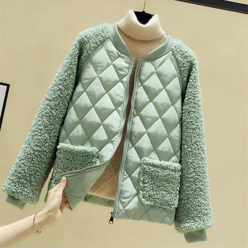 Short cotton jacket women autumn winter lambswool splice parka plus size loose warm outerwear female cotton-padded jackets 3293
