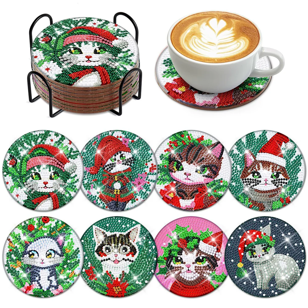 8Pcs Wooden Christmas Cat Diamond Painting Coasters with Holder Gift for Mom