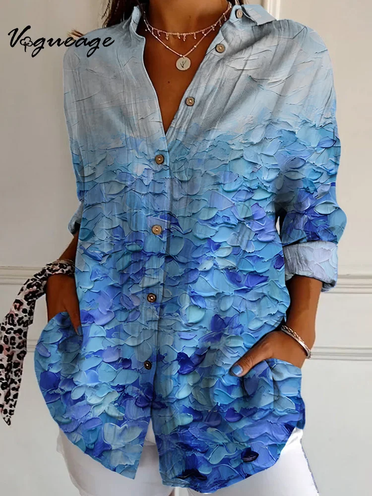 Fashionable And Elegant Blue And White Gradient Long Sleeves Printed Cotton And Linen Shirt