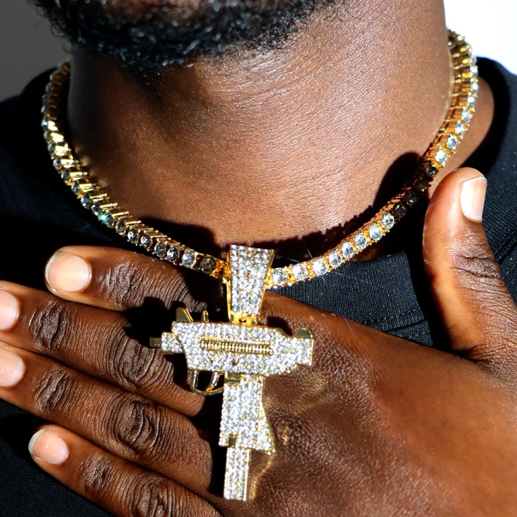 Submachine Gun Shape Iced Out Pendant with Cuban Chain Necklace