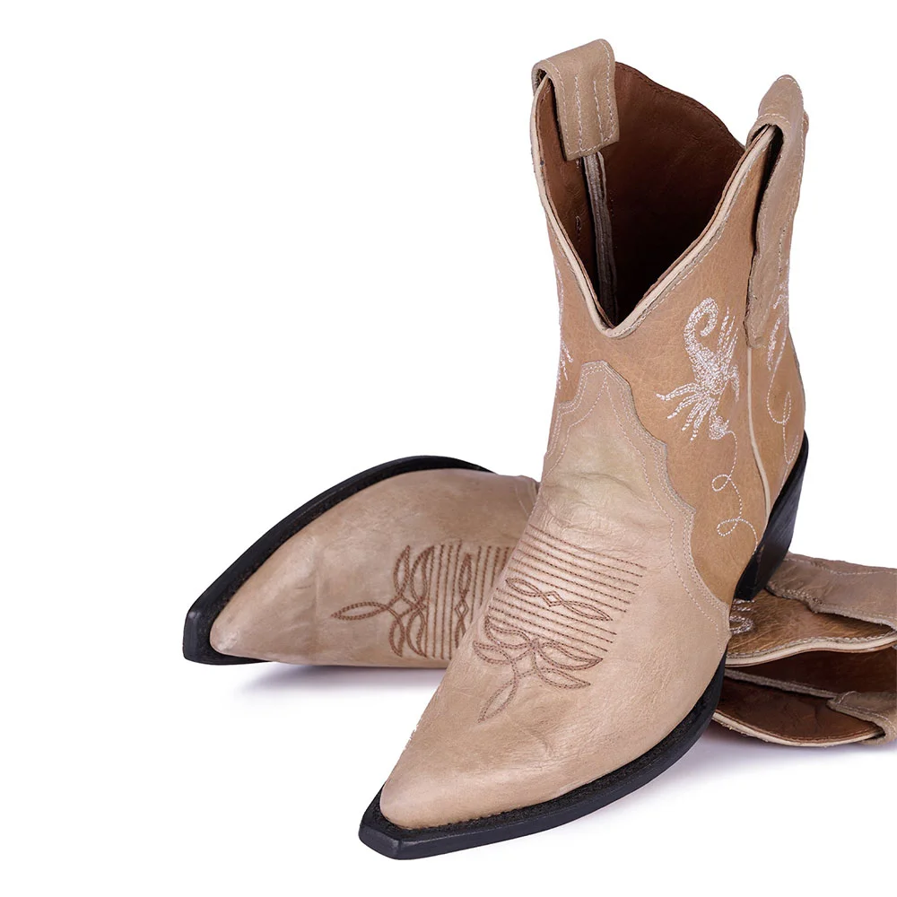 Nude Pointed Toe Western Ankle Boots with Scorpion Embroidery
