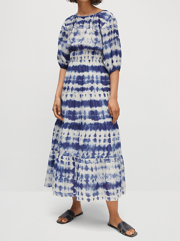 Loose Half Sleeve Tie-dye Back Lace-Up Midi Dress