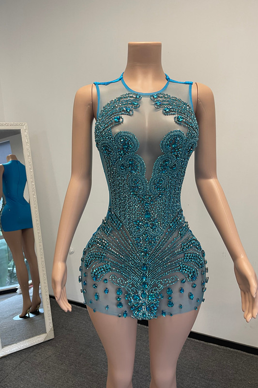 Bellasprom Ocean Blue Scoop Short Prom Dresses Sleeveless With Beadings Bellasprom
