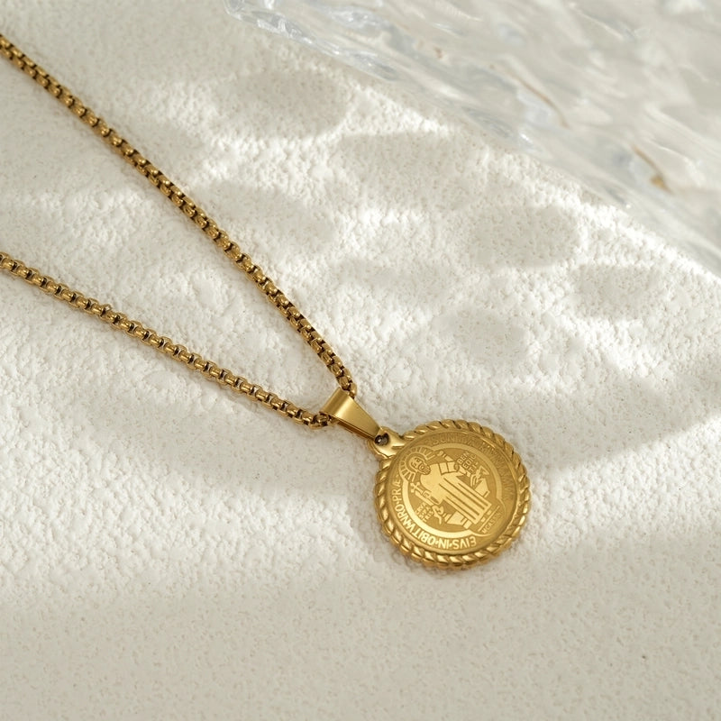 Minimalist 18K Stainless Steel Priest Saint Benedict Exorcist Round Plate Pendant Necklace Unisex Wear Jewelry