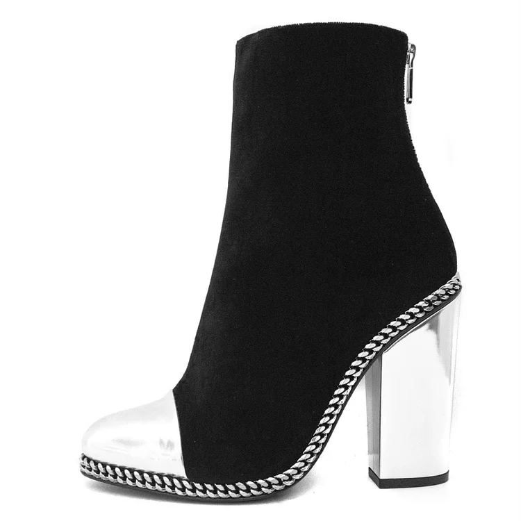 Silver and Black Vegan Suede Boots Chunky Heel Ankle Boots |FSJ Shoes