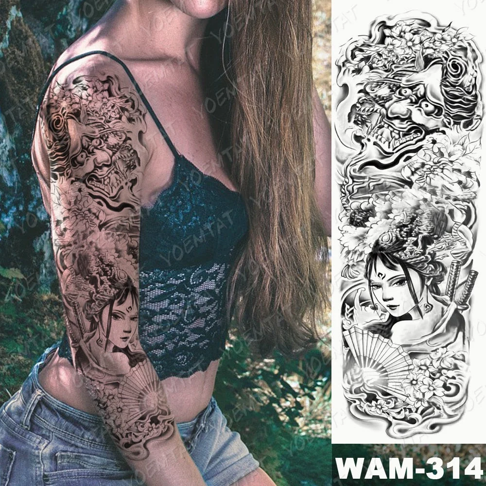 Large Arm Sleeve Tattoo Ninetales Sakura Cat Demon Waterproof Temporary Tatto Stickers Japanese Body Art Full Fake Tatoo Women