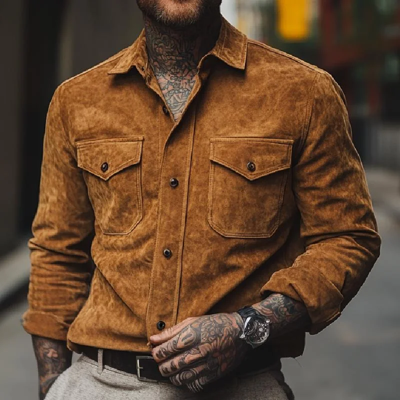 Men's Vintage Suede Lapel Long Sleeve Shirt