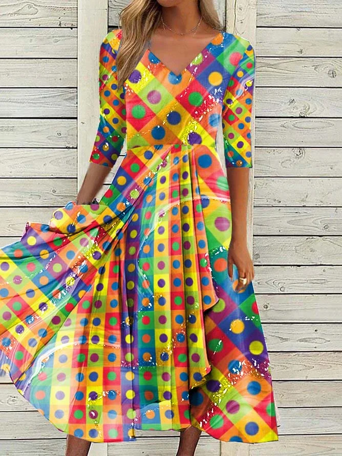 Women's Rainbow Striped Polka Dot Print Midi Dress