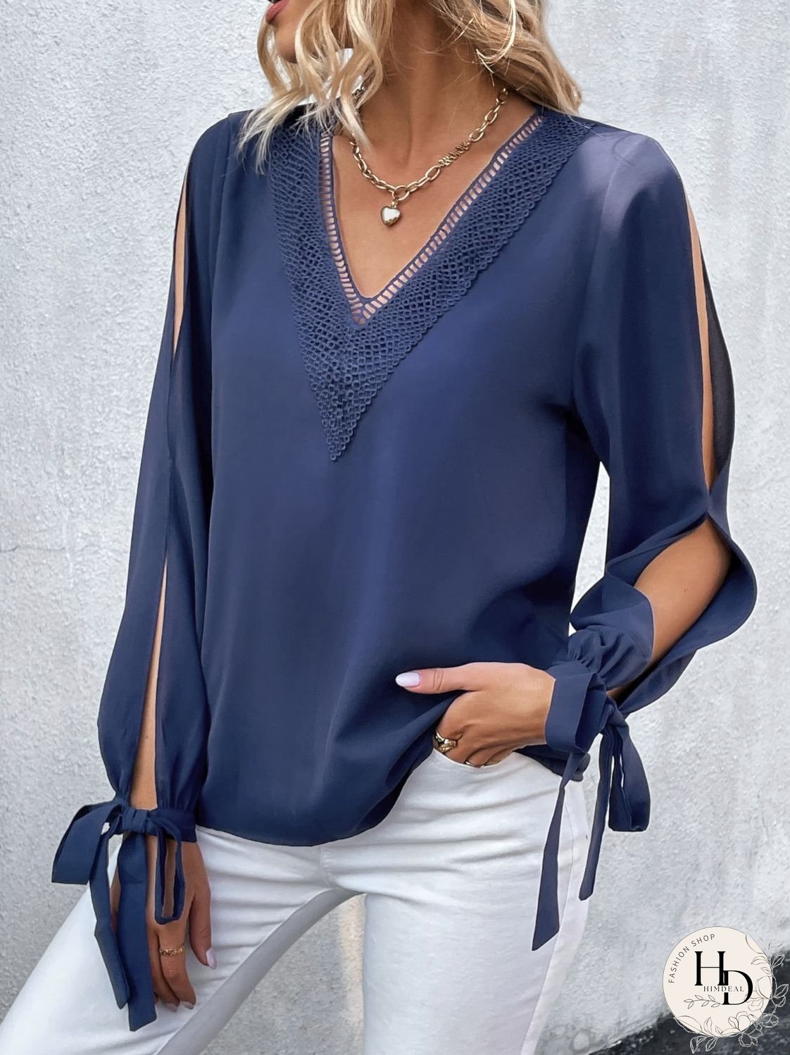 Double Take V-Neck Tie Cuff Slit Blouse