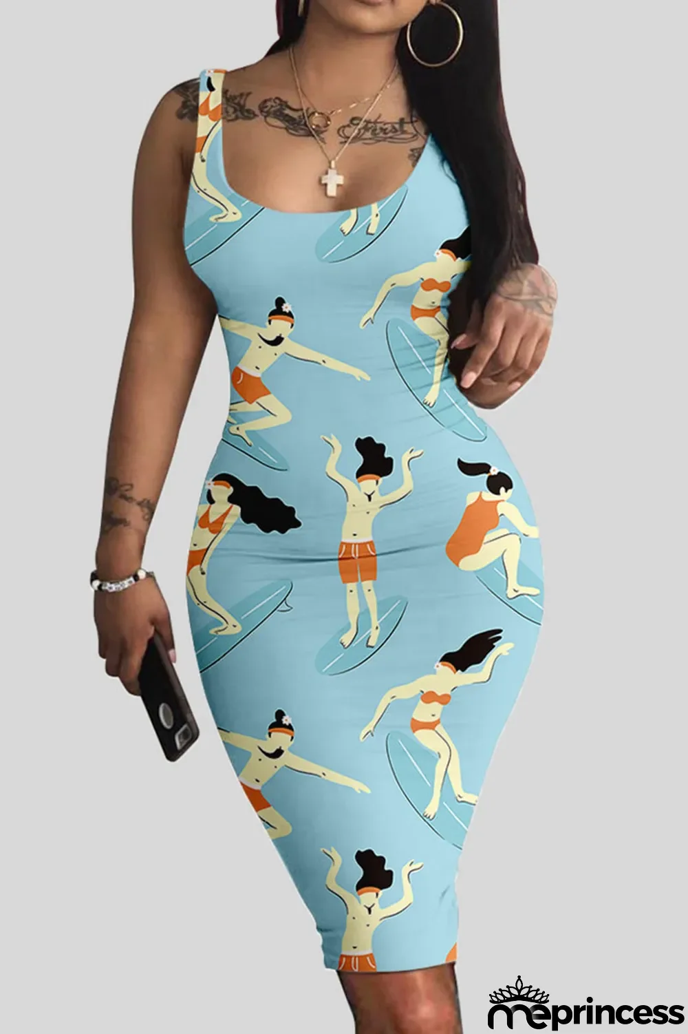 White Casual Print Patchwork U Neck Vest Dress Dresses