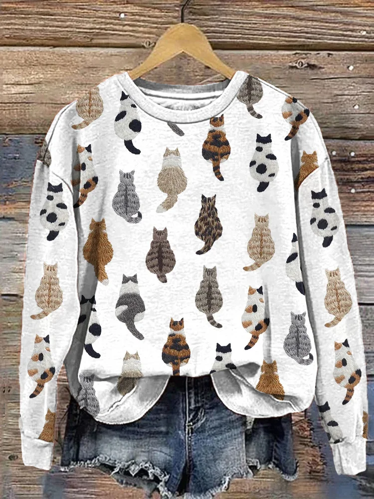 Embroidery Art Cats Casual Cozy Sweatshirt
