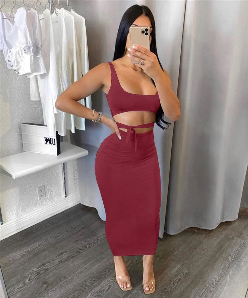 wsevypo Summer Party Solid Color Dress Sets Sexy Women's Two Pieces Lace-up Straps Crop Tank Tops+Maxi Bodycon Skirts 7Colors