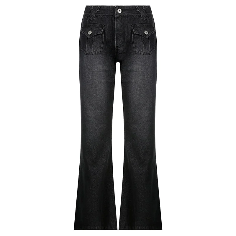 Rapcopter Low Waisted Jeans Pockets Grunge Retro Trousers Zipper Flare Fashion Hot Mom Jeans Women Korean Casual Cargo Pants 90s
