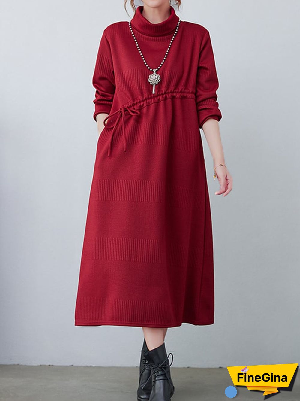 Women's Fall Winter Fashion Knit Layering Drawstring Tie-Waisted Jacquard Dresses
