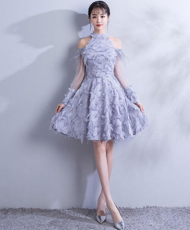 Gray Lace Short Prom Dress, Gray Lace Homecoming Dress