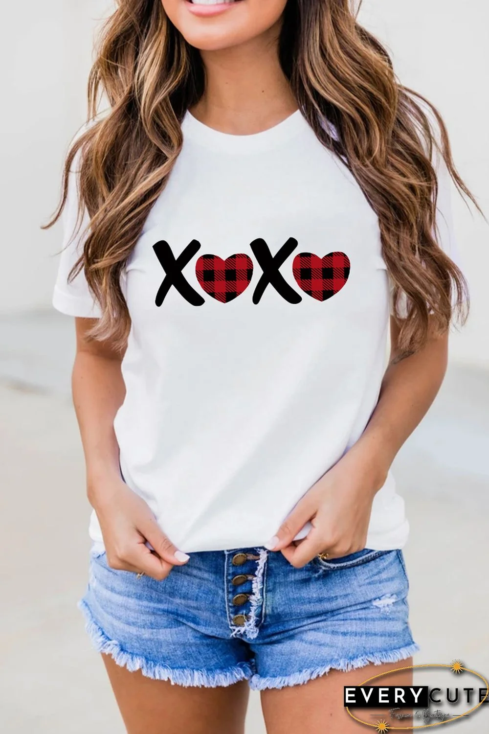 Plaid Heart Letter Print Short Sleeve T-shirt