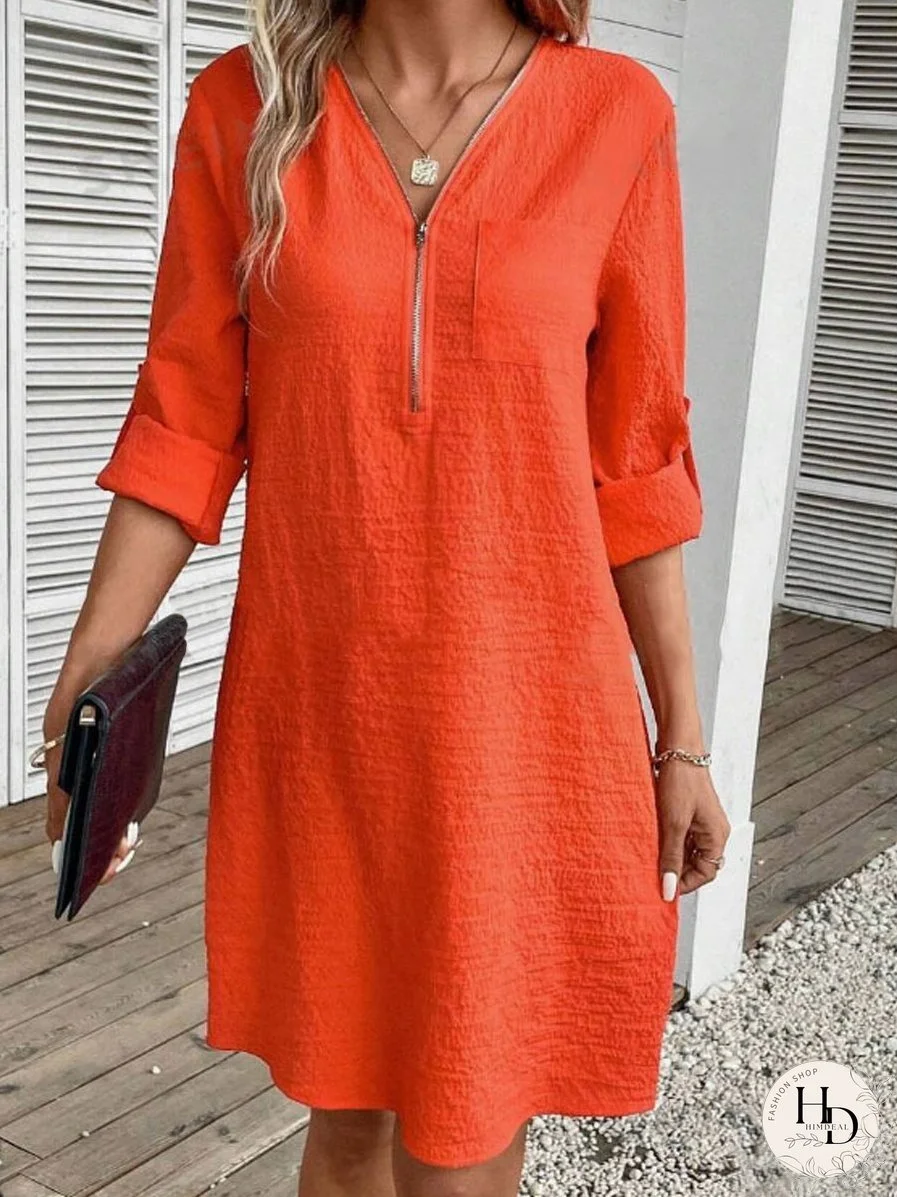 Cotton Linen Zipper V-Neck Long Sleeve Dress
