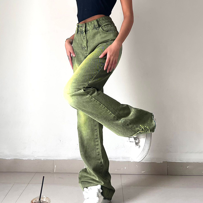 GREEN EMBROIDERED RAW EDGE WASHED JEANS