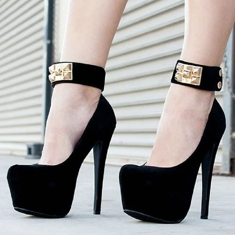 Women's Black Ankle Strap Heels Almond Toe Pumps Shoes |FSJ Shoes