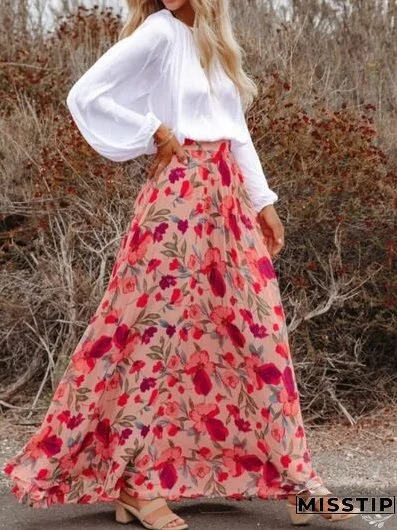 Printed High Waist Pleated Skirt