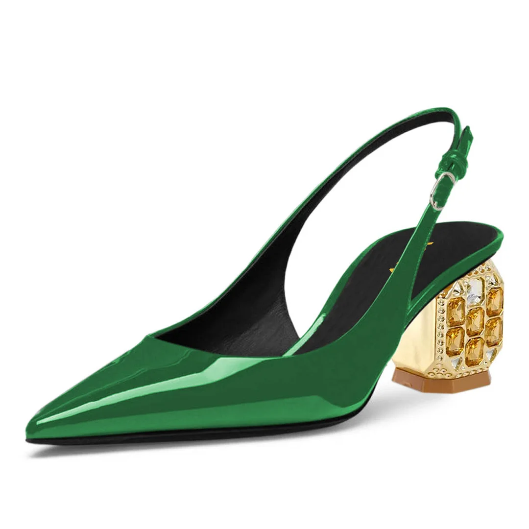 Green Pointed Toe Rhinestone Decorative Heel Slingback Pumps
