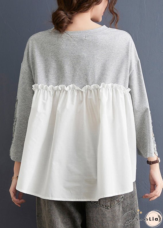 Women Grey Ruffled Lace Patchwork Cotton Tops Spring