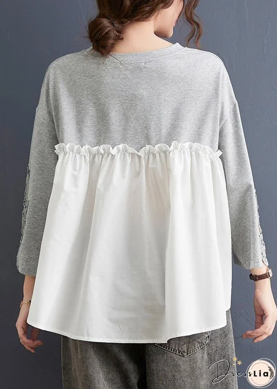 Women Grey Ruffled Lace Patchwork Cotton Tops Spring