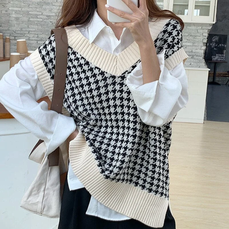 Women Sweater Vest 2020 Autumn Knitted Houndstooth V-Neck Pullover Fashion Oversized Sleeveless Female Waistcoat Jumper Tops