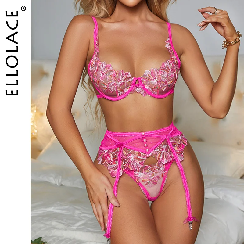 Billionm Fancy Pink Lingerie Floral Embroidery Sexy Thongs Garter Bra Suit 3-Pieces Delicate Luxury Lace Beautiful Underwear