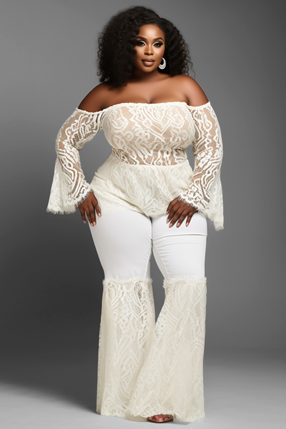 Design Plus Size Semi Formal Elegant White Off The Shoulder Flare Long Sleeve Contrast See Through Lace Two Piece Pant Sets [Pre-Order]