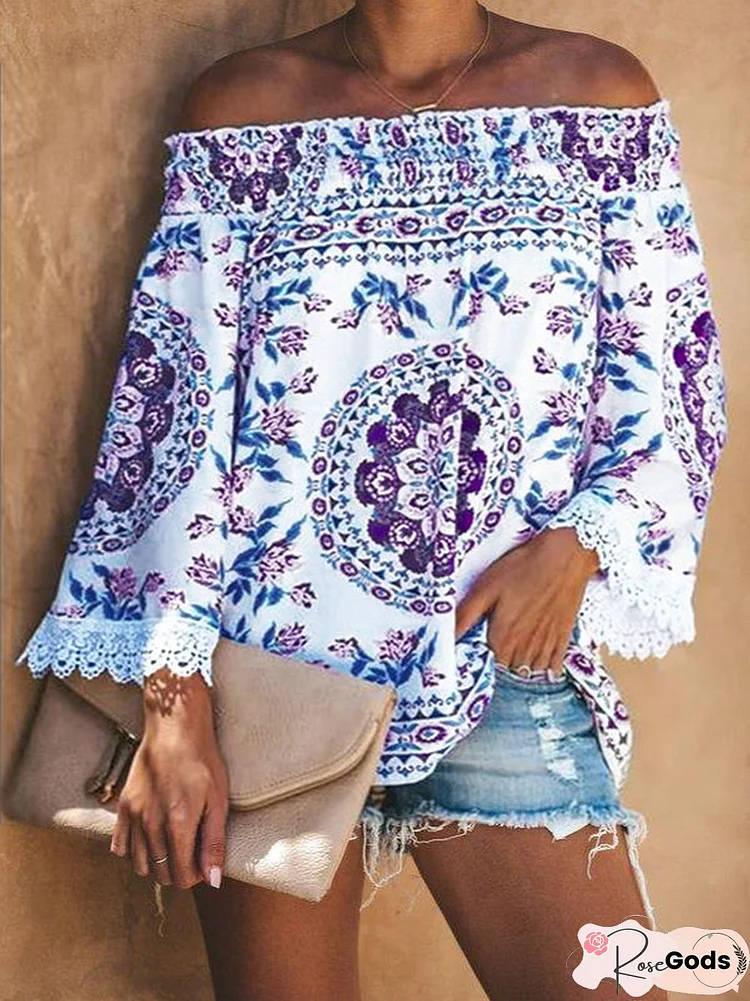 Printed Casual Off Shoulder Cold Shoulder Top