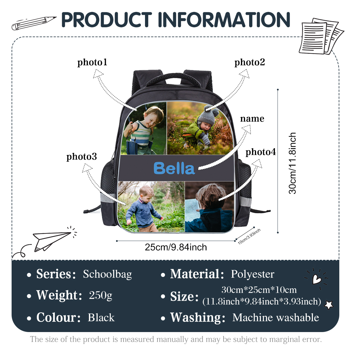 Personalized Children Photo School Bag Name Black Backpack, Customized Schoolbag Travel Bag For Kids