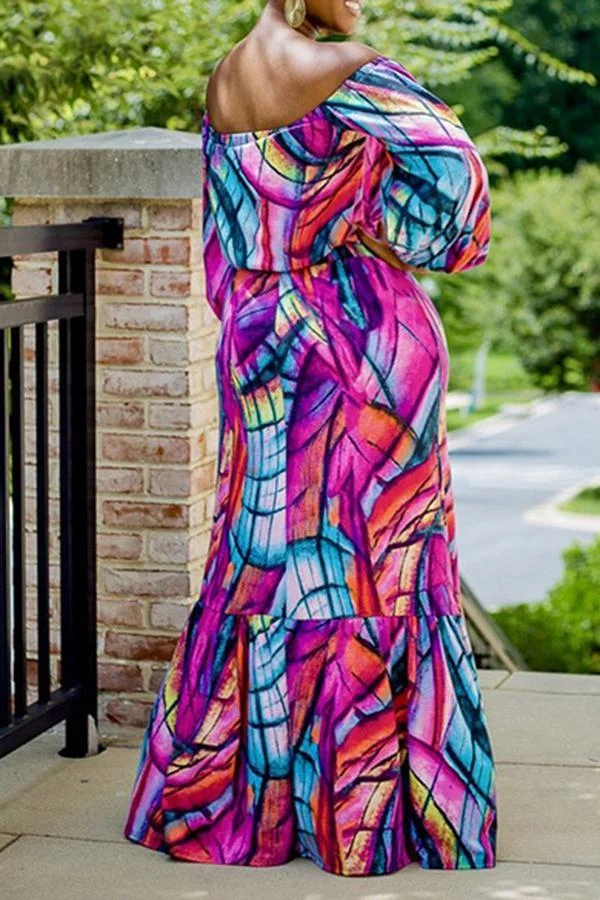 Off-the-shoulder Abstract Contrast Print Skirt Suit