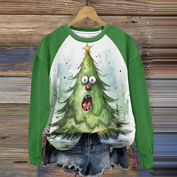 Comstylish Funny Christmas Tree Print Color Block Sweatshirt