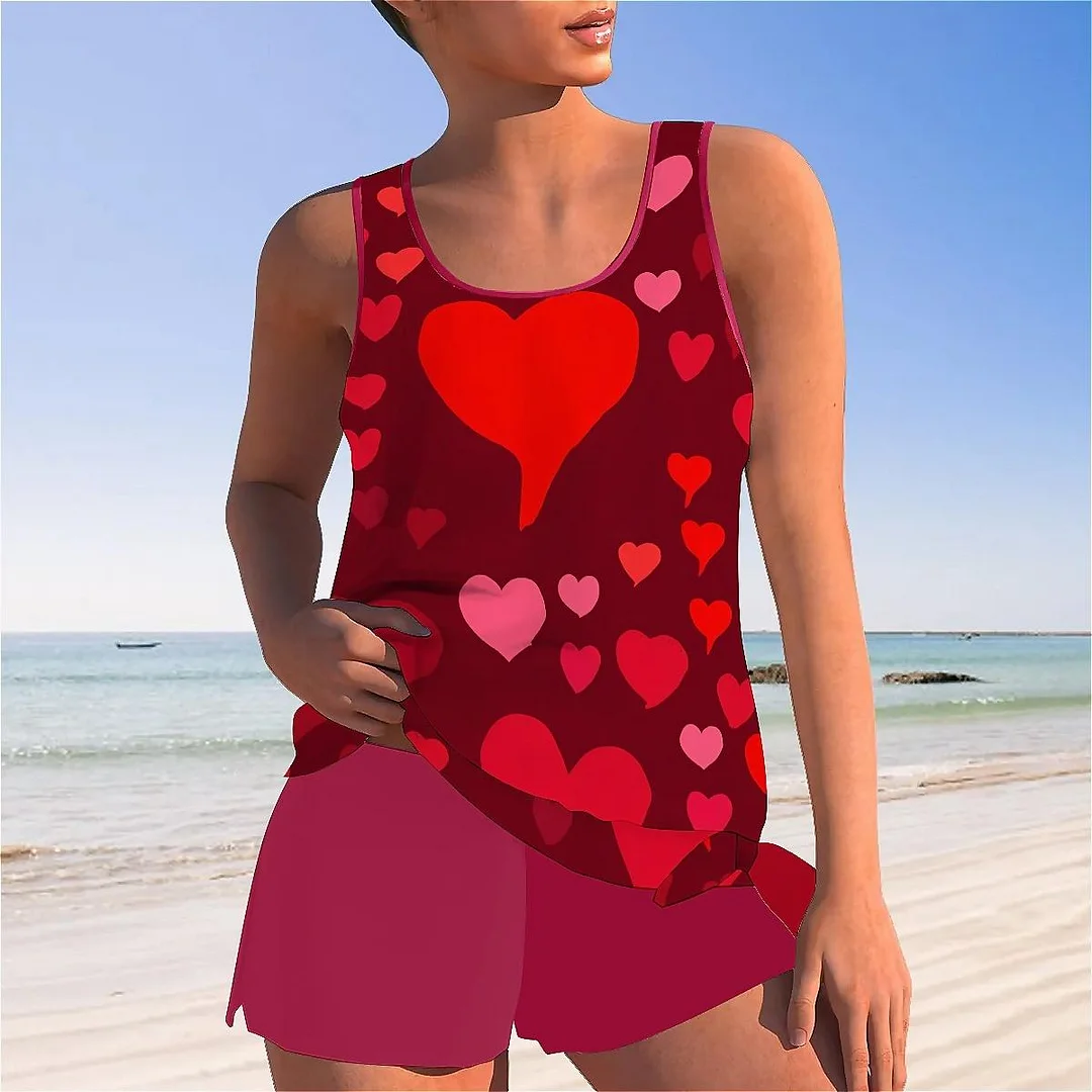 Bowknot Heart,Love,Valentine's Day Mid Waisted Tankini Set - Plus Size Available