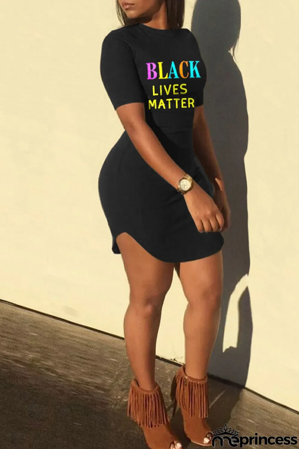 Black Casual Print Patchwork O Neck One Step Skirt Dresses