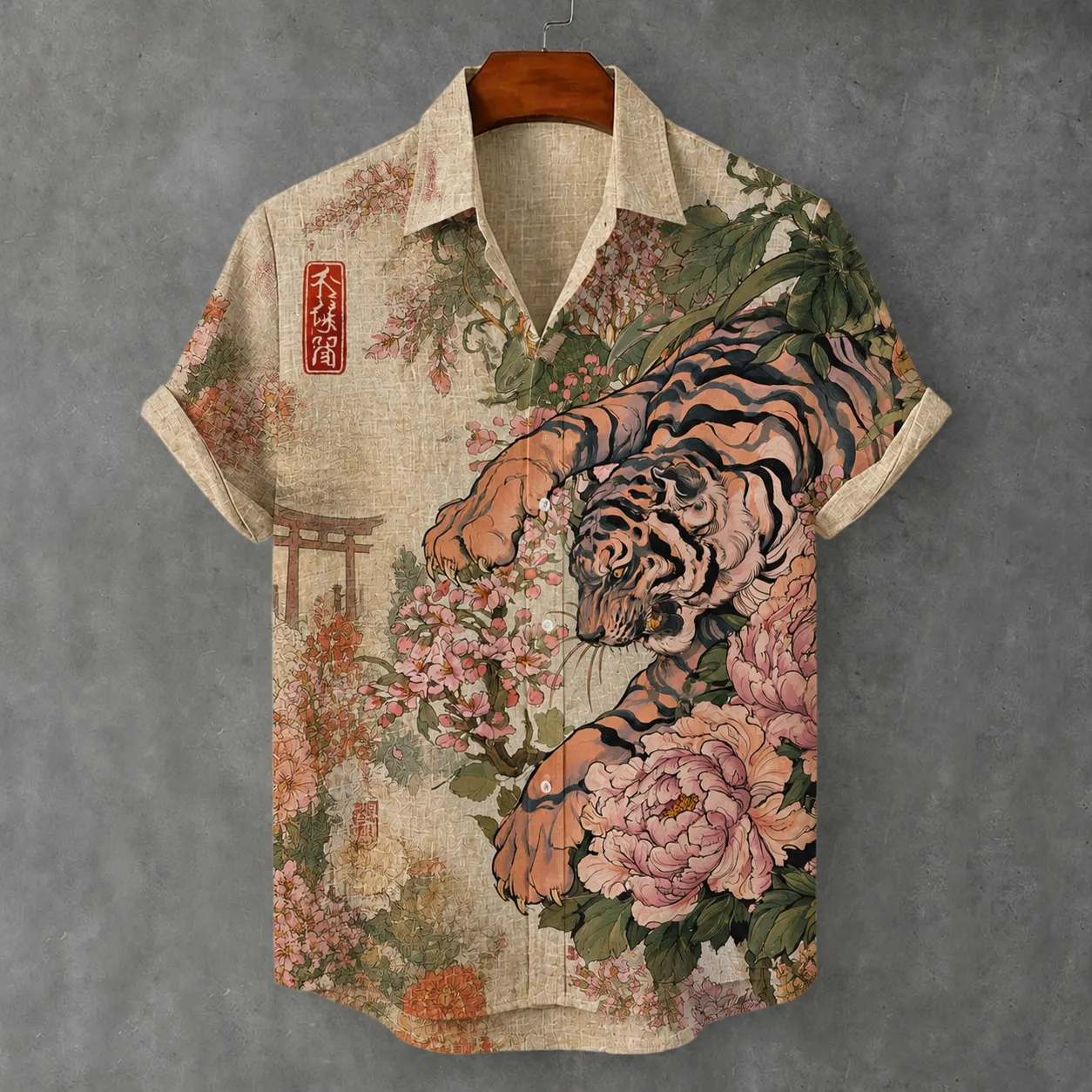 Men's Retro Japanese Art Tiger And Floral Print Cotton Linen Short-sleeve Shirt artswardrobe