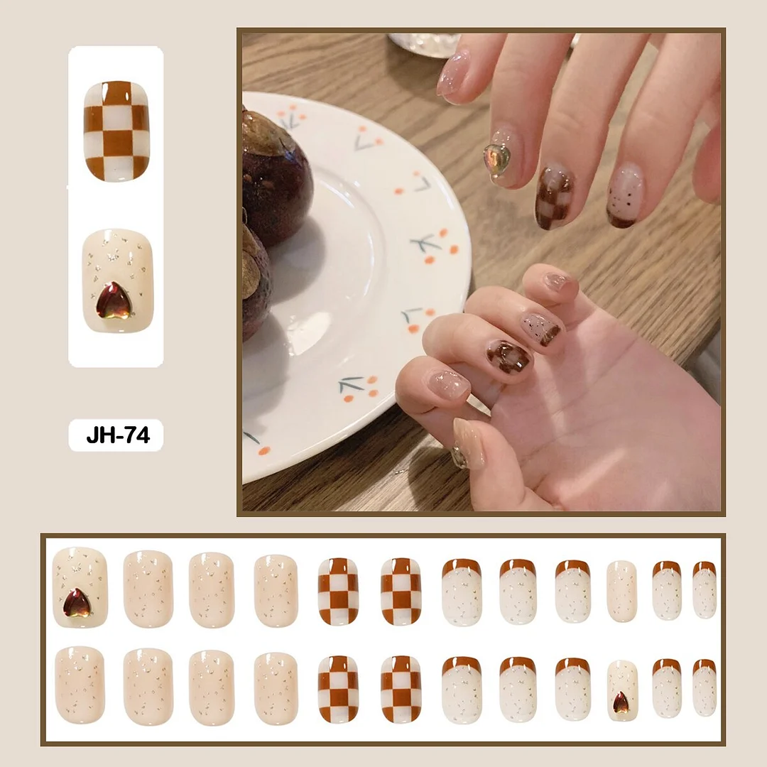 24pcs/box Classic Checkerboard Pattern Geometric Simplicity Nail Art Short False Nails With Glue Fake Nails With Wearing Tools-Nail Inspo