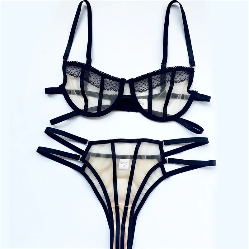 Billionm Sexy Lace Ultra-thin Temptation Bra Set Women Hollow Underwear Stripe Mesh Transparent Lingerie Brassiere and Thongs