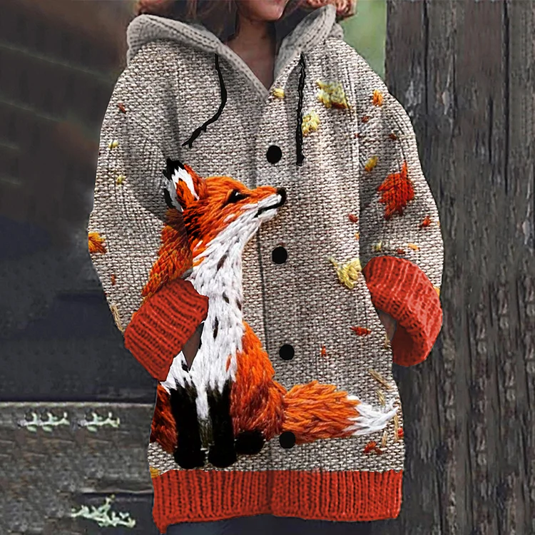 Forest Fox Fallen Leaves Embroidery Art Cozy Hooded Cardigan