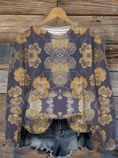 Women's Female Japanese Yarn Art Flower And Butterfly Color Prints Sweatshirt