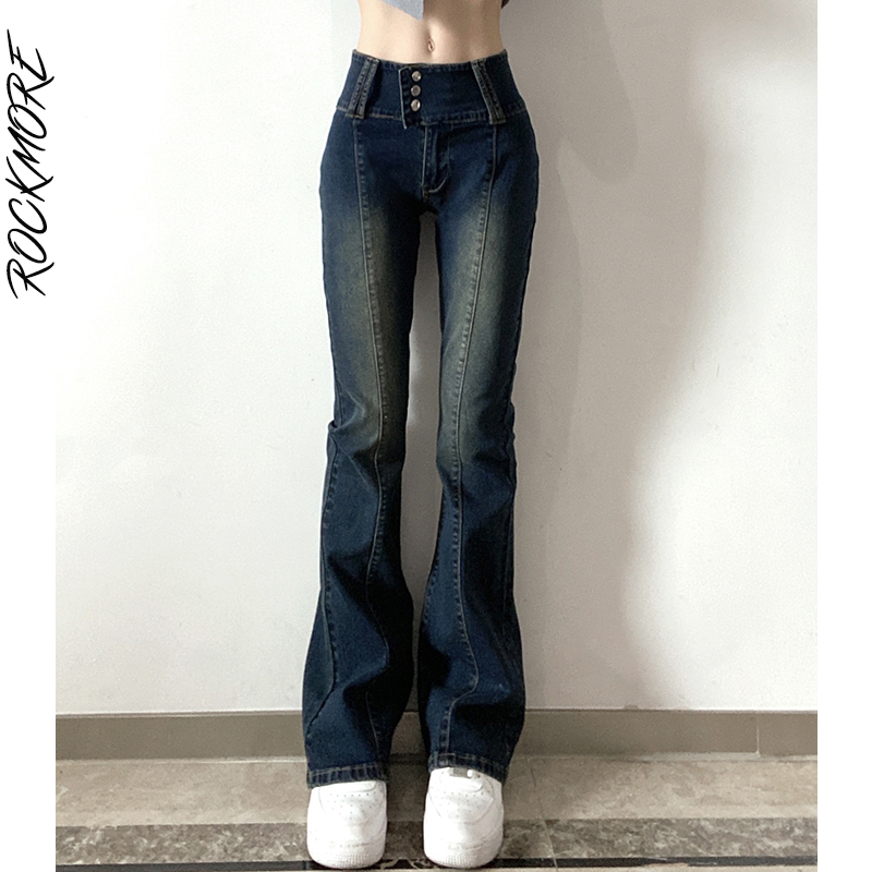 Toloer Rockmore Low Waist Flare Jeans Woman Korean Streetwear Skinny Slim Denim Trousers Y2K Retro Distressed Casual Pants Capris 2021