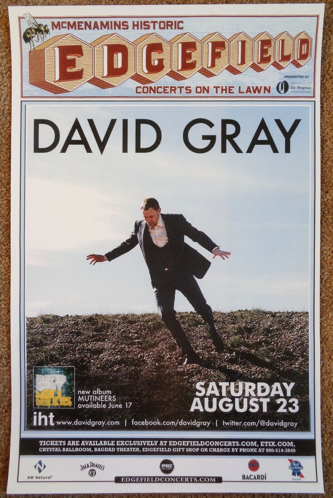 DAVID GRAY 2014 Gig POSTER Edgefield Portland Oregon Concert