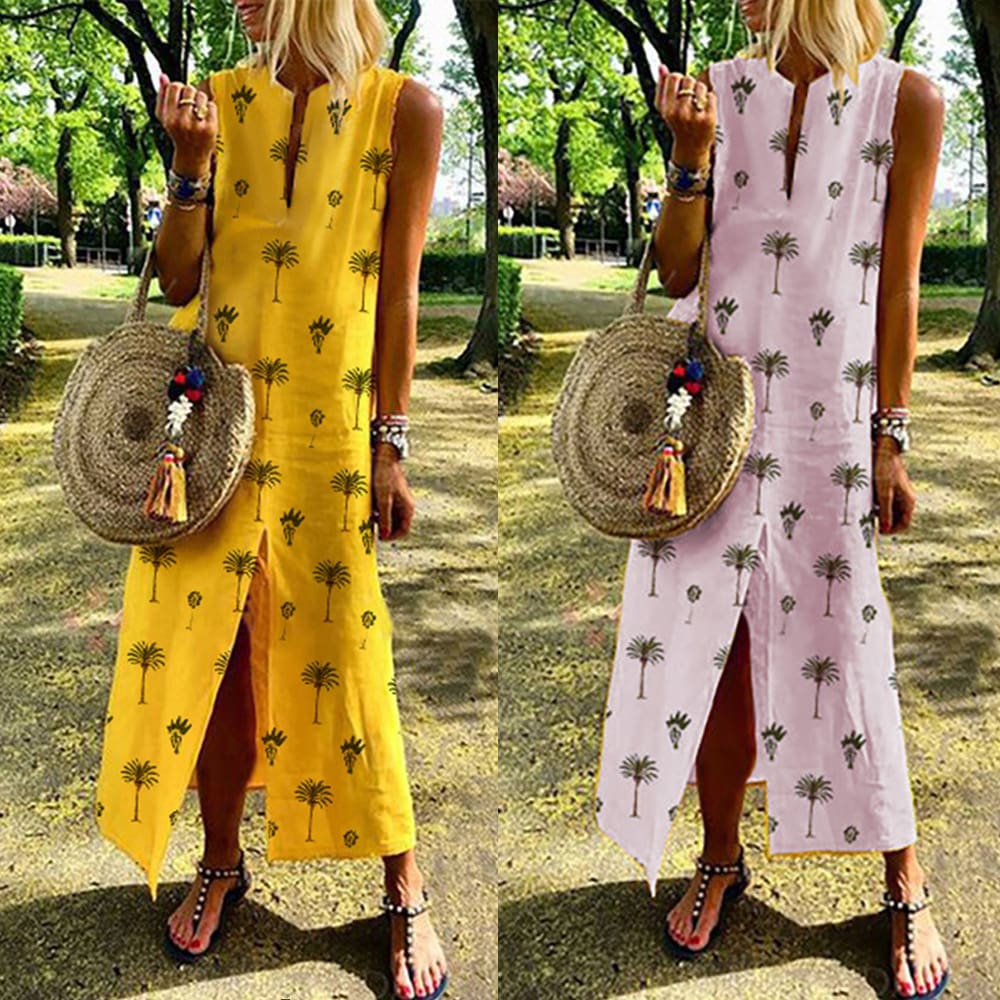 Women Boho Long Maxi Dress Fashion Ladies Sleeveless Summer Beach Floral Dress Casual Holiday Dresses Sundress