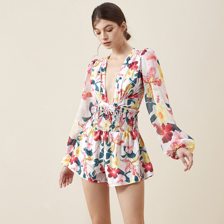Long Sleeve Cutout Floral Print One Piece Swimsuit and Cover up Flaxmaker 