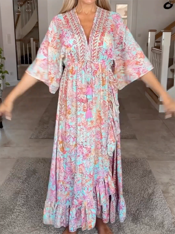 Floral Printed Loose Short Sleeves V-Neck Maxi Dresses