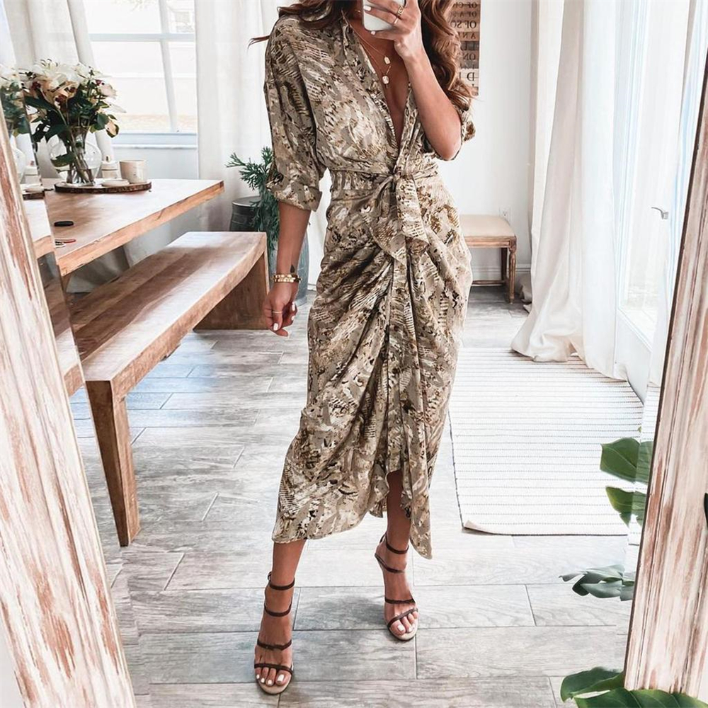 Distinctive Print 3/4 Sleeve Maxi Dress With Belt-vocosishoes