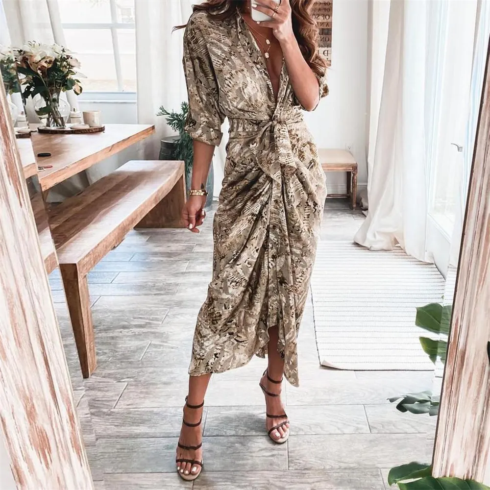 Distinctive Print 3/4 Sleeve Maxi Dress With Belt-vocosishoes